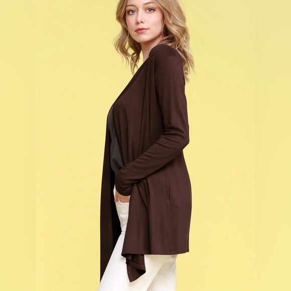 Draped Front Open Cardigan Casual Long Sleeve Lightweight Cardigan -brown - Picture 4 of 6